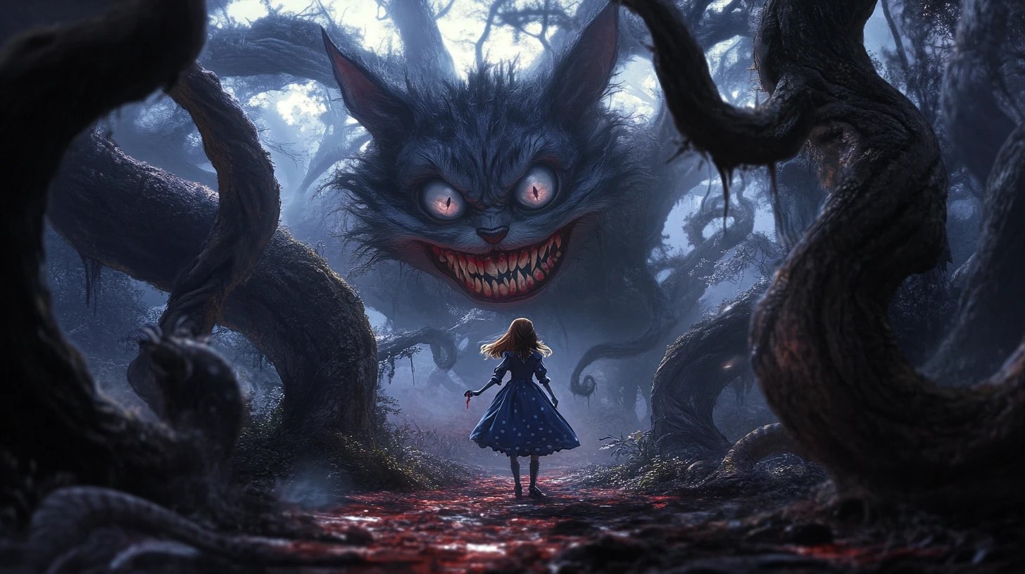 Girl walking through a dark haunted forest of twisting trees