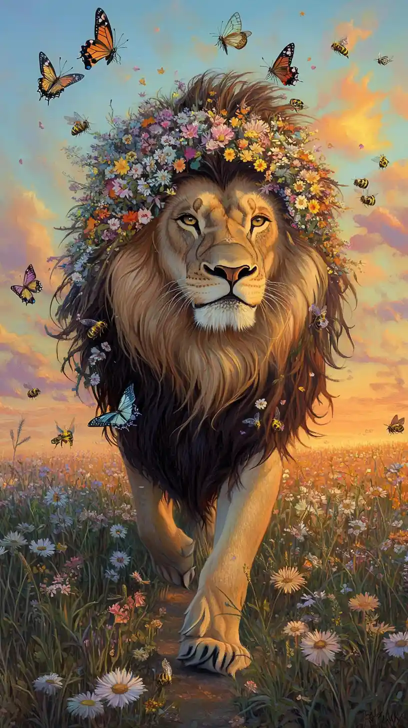 Lion With Wildflower Mane Walking Through Endless Field