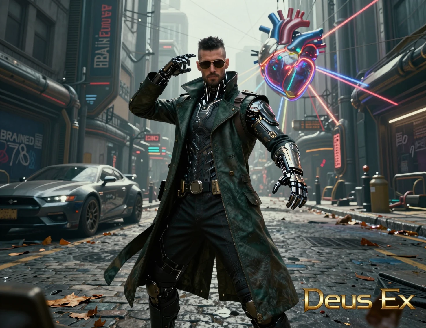 Augmented detective posing on a gritty cyberpunk street