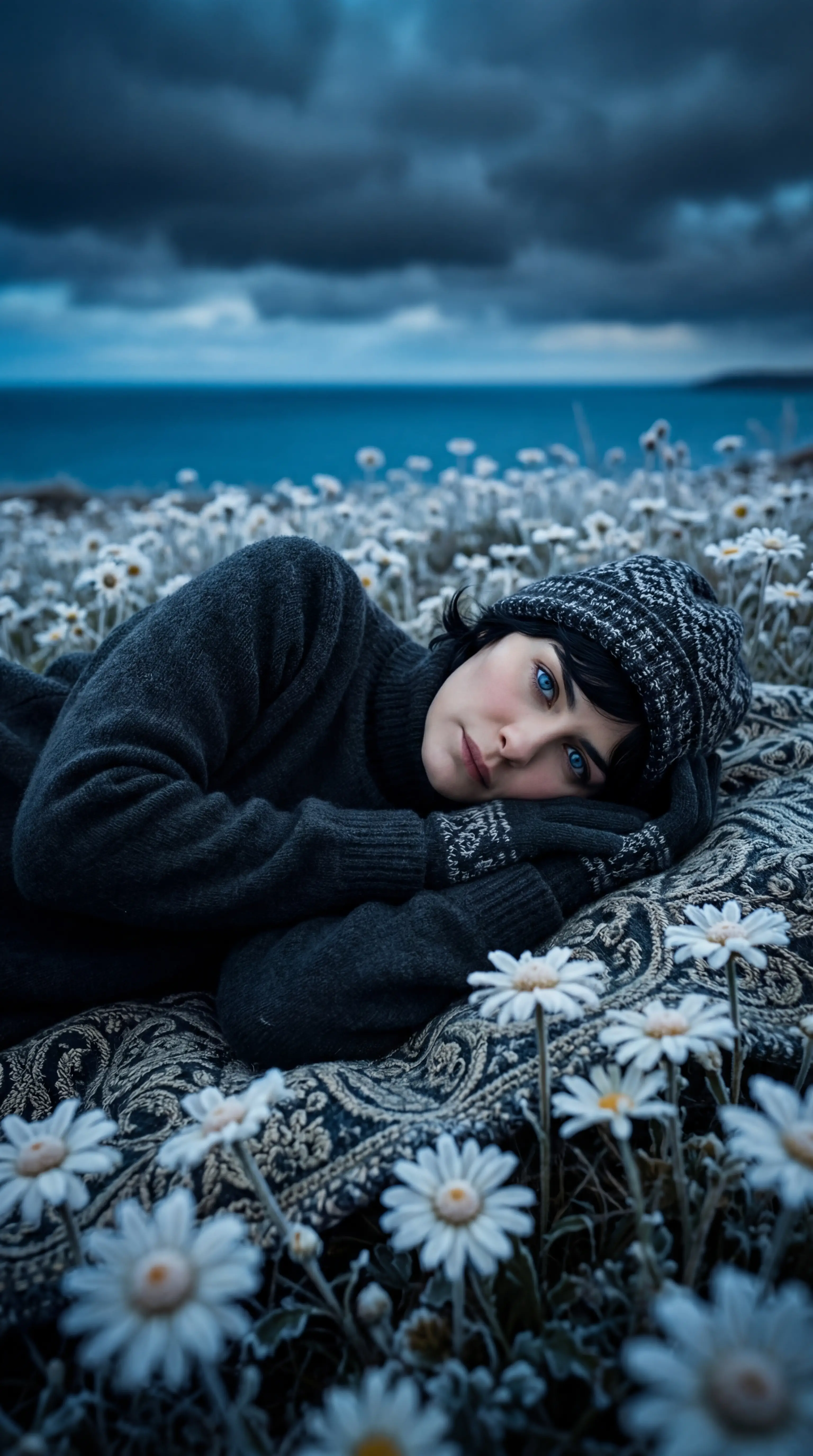 Femme se reposant sur une couverture dans un champ de marguerites gelées