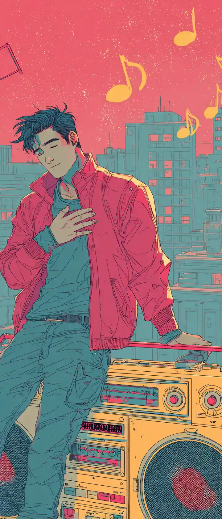 Young man with red jacket by glowing boombox at twilight