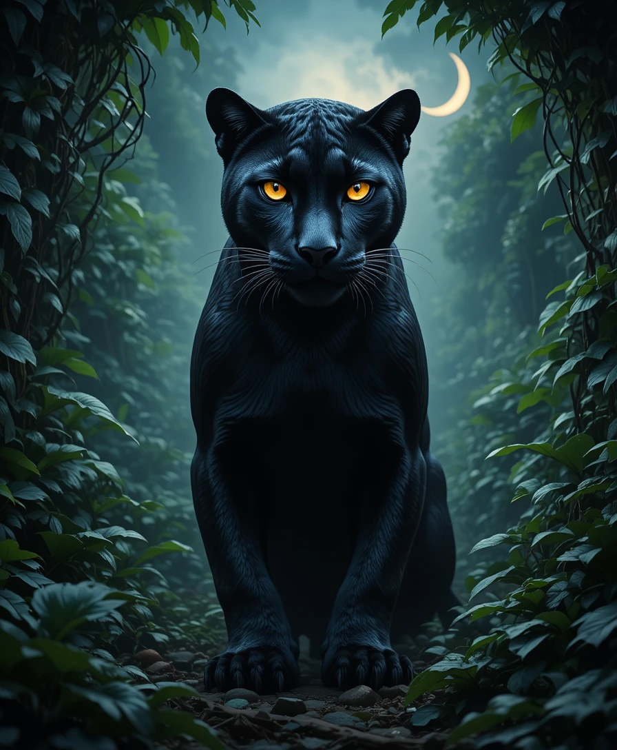 Black panther with glowing eyes in a moonlit jungle