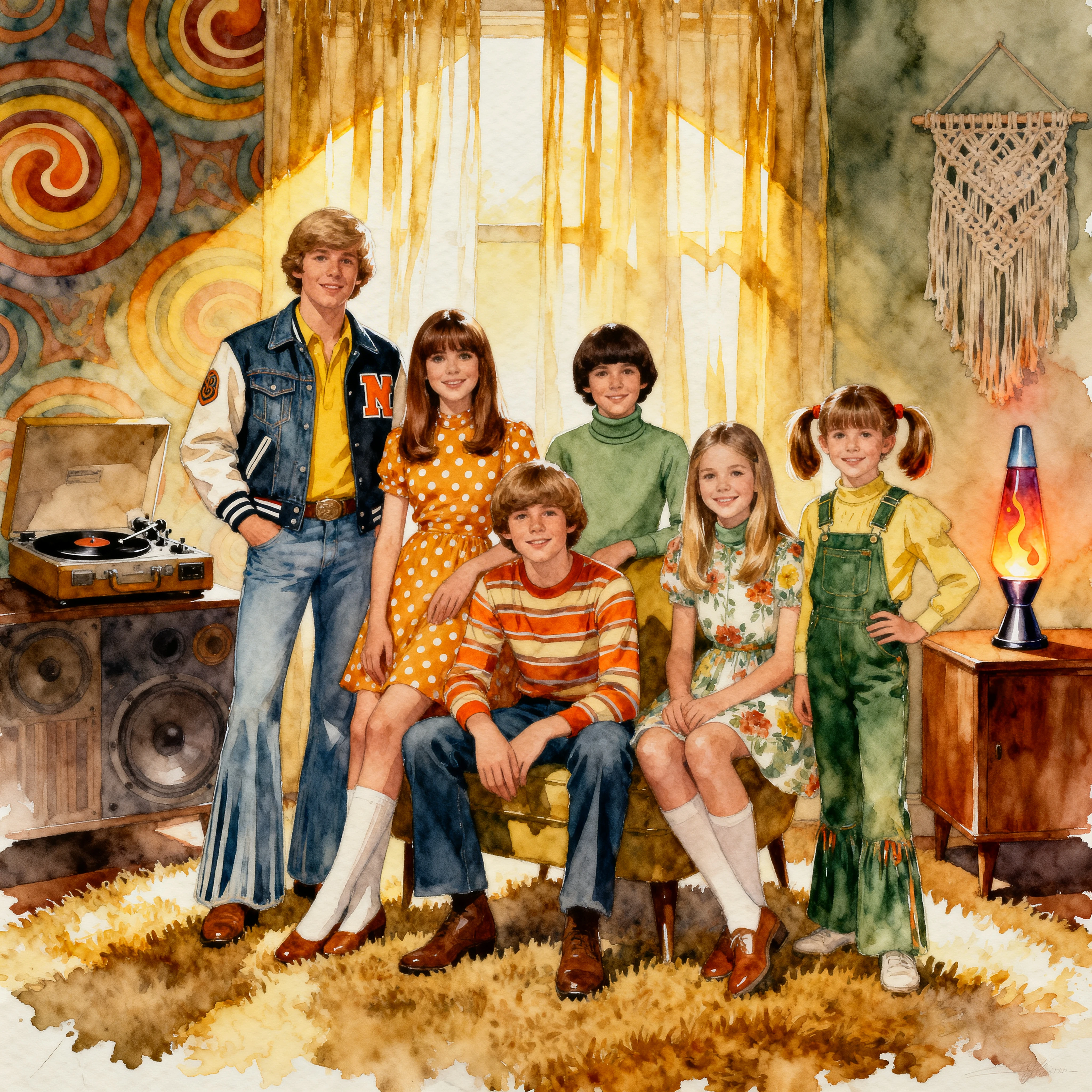 Watercolor group portrait of the Brady kids in retro style