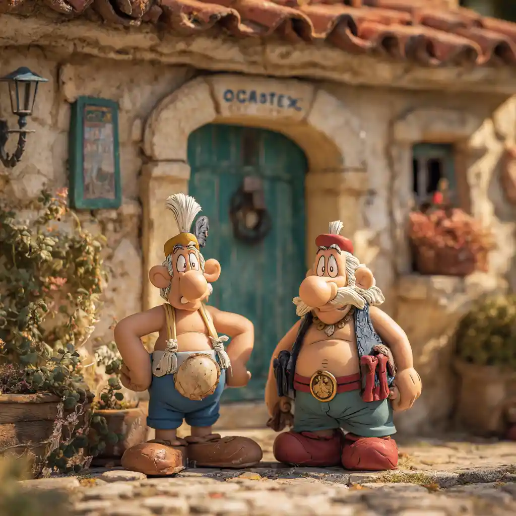 Cartoon Gaulish heroes standing in front of a village house