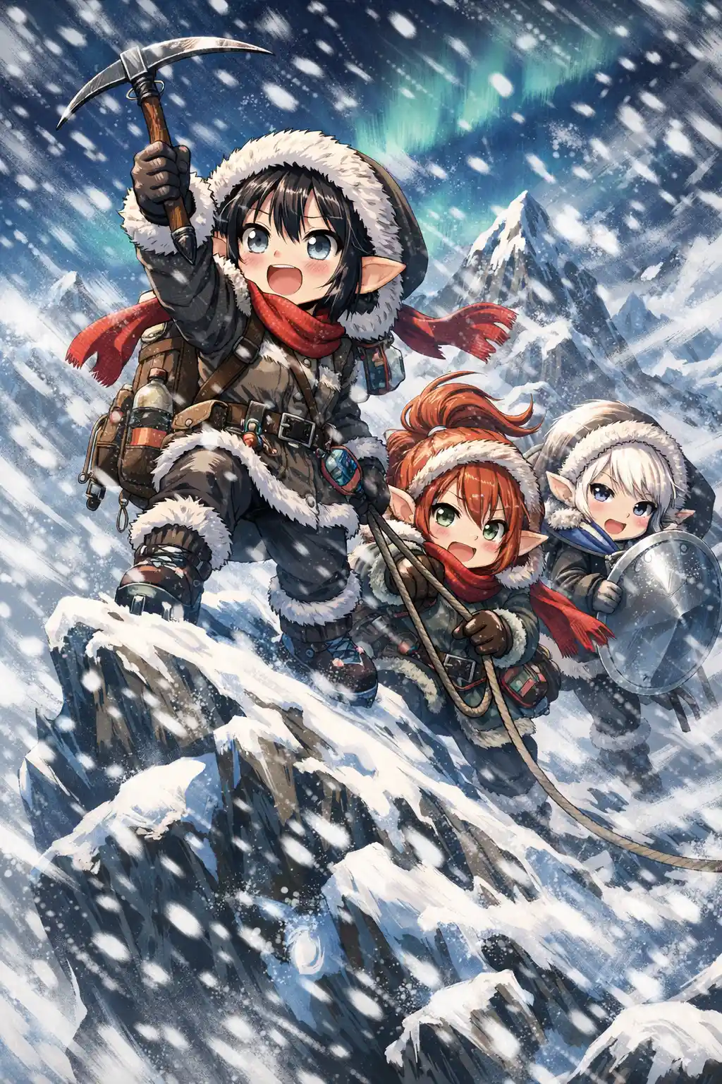 Ragazze gnomo in stile anime che scalano una vetta innevata in tempesta