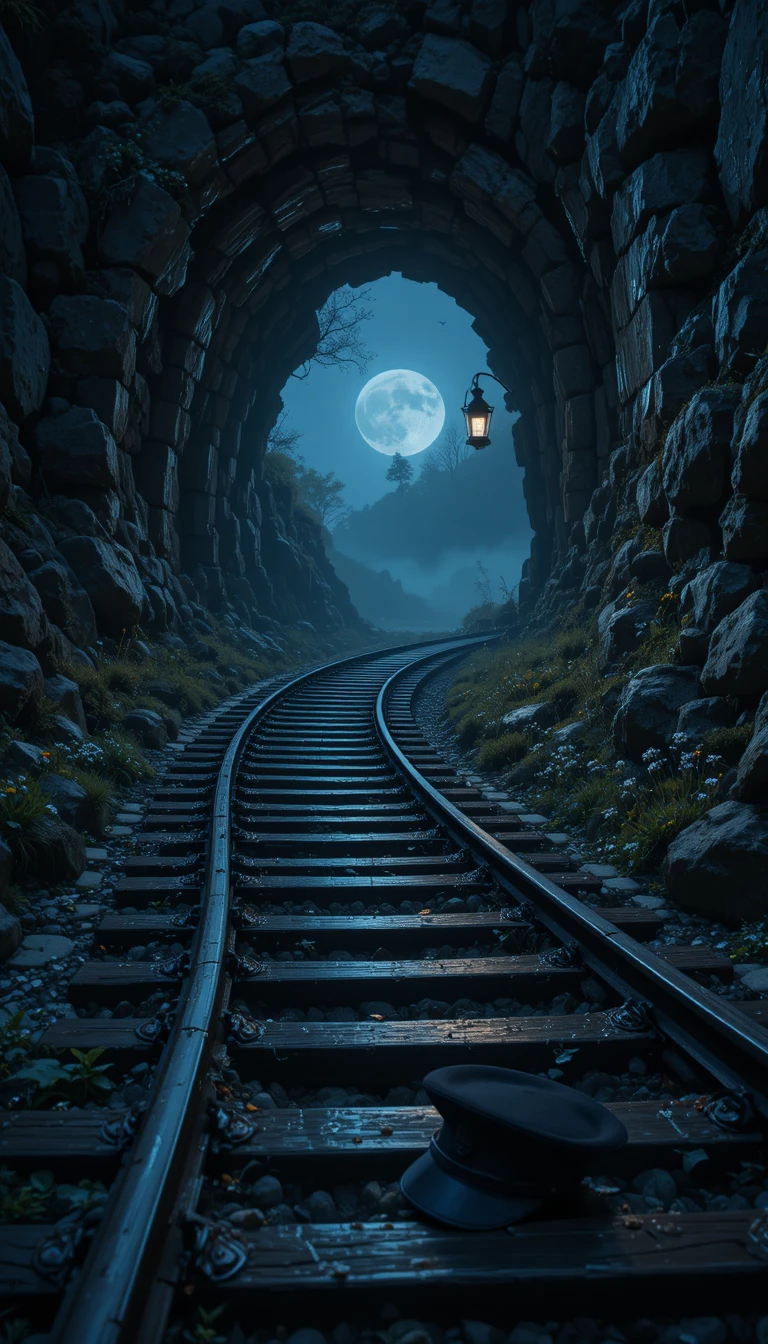 Lonely hillside railway curve in moonlit night fog