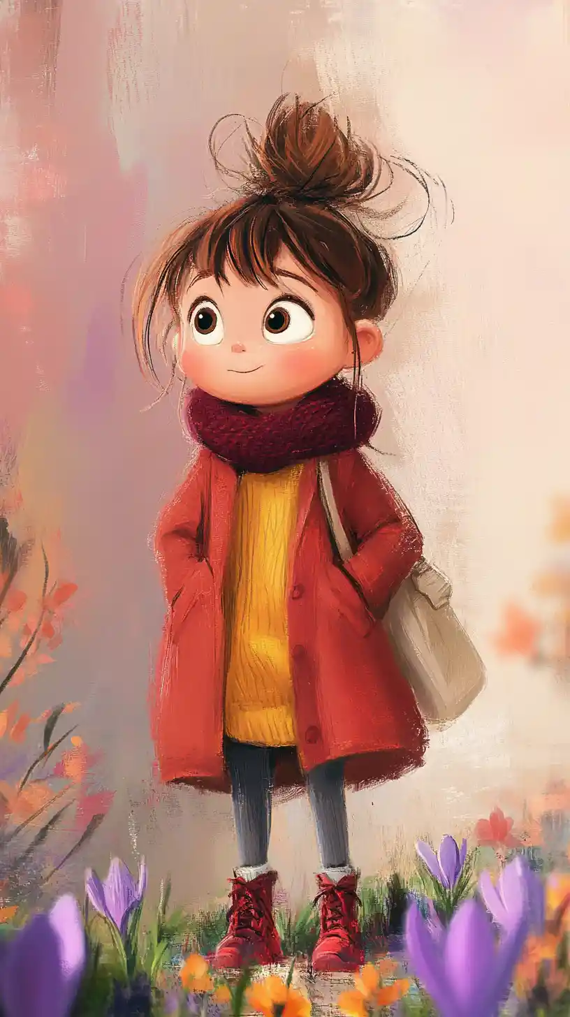 Little girl in red coat in a dreamy flower garden