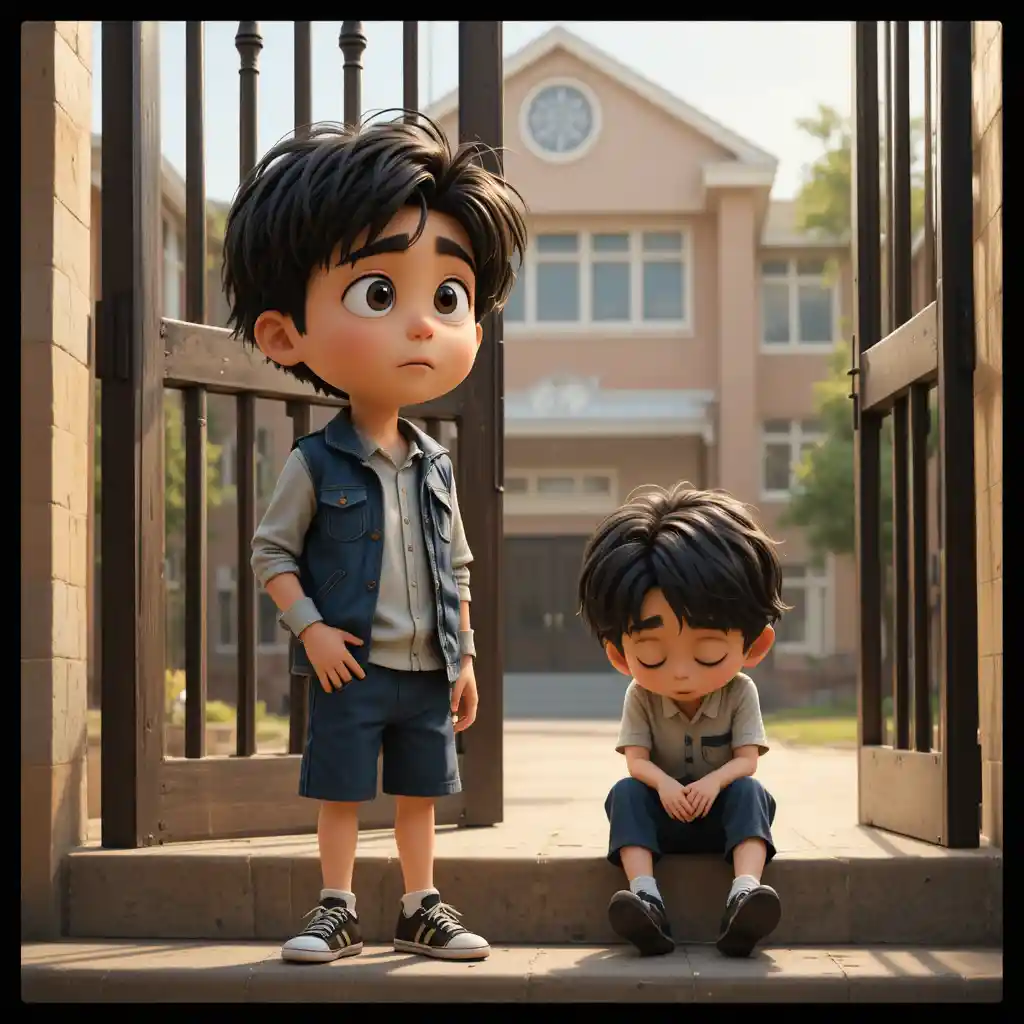 Dos niños junto a la puerta de la escuela en un suave estilo de caricatura 3D