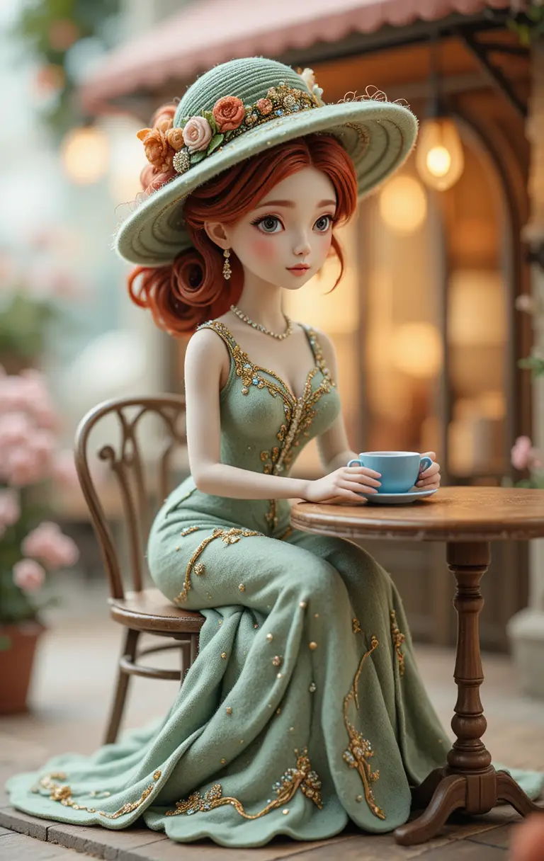 Elegante mujer de fieltro en una diminuta mesa de café