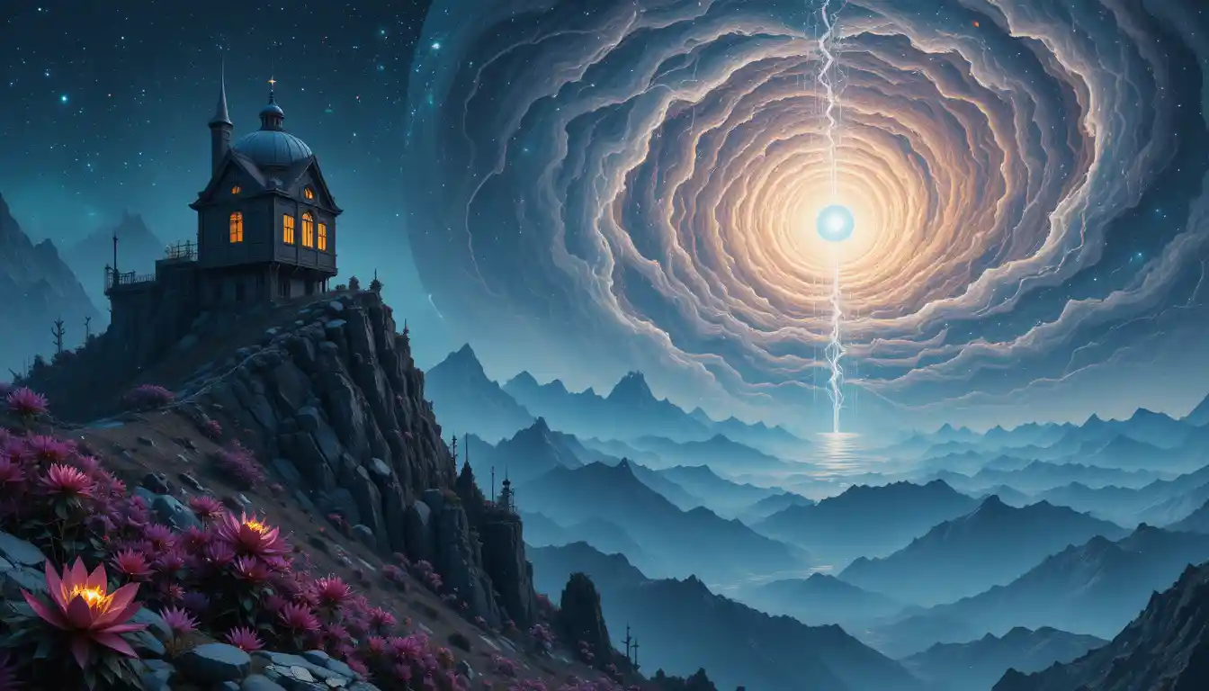 Lonely alchemist tower on a jagged enchanted mountain peak