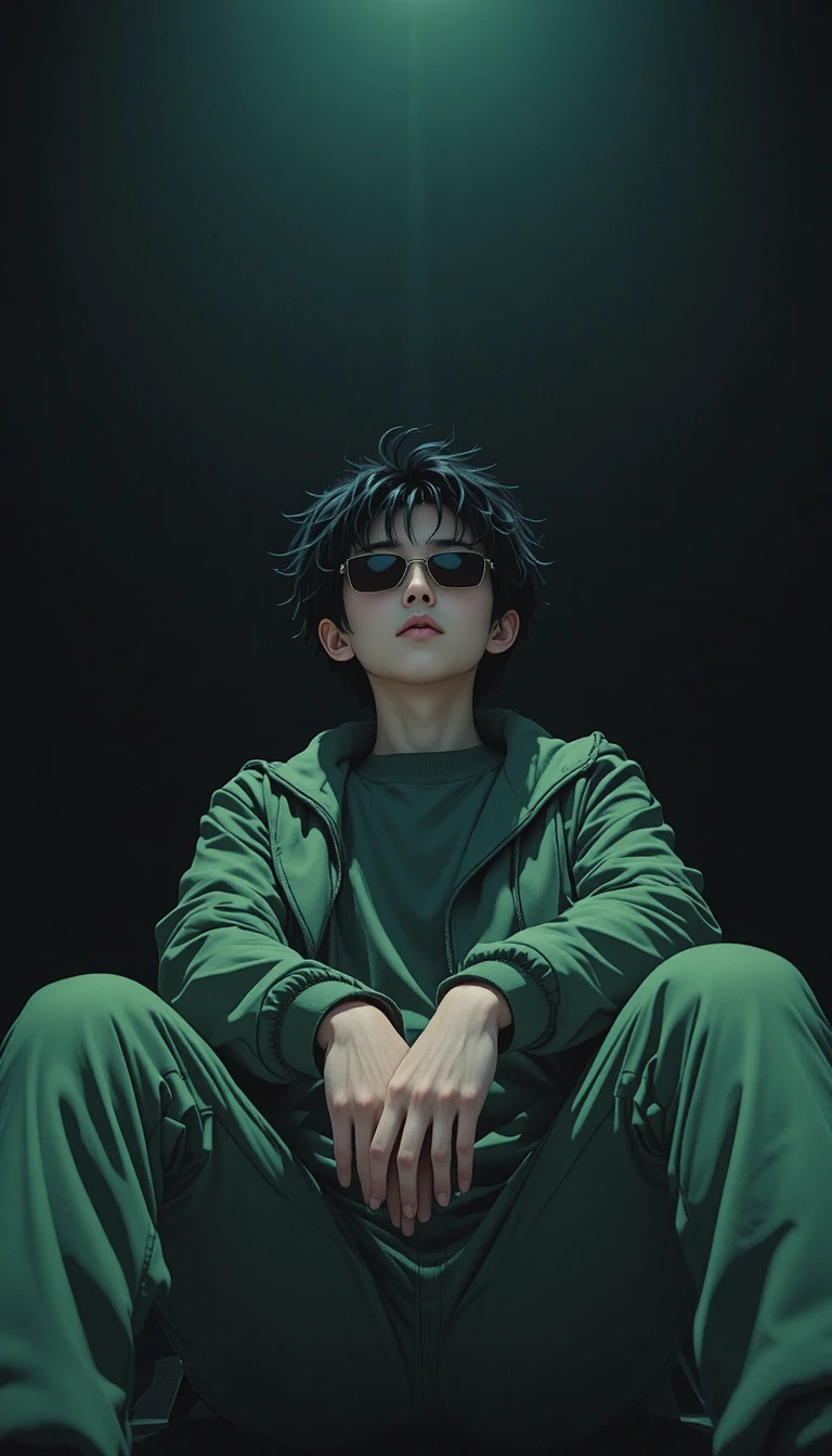 Chico de anime de verde inclinándose hacia una cámara en ángulo bajo