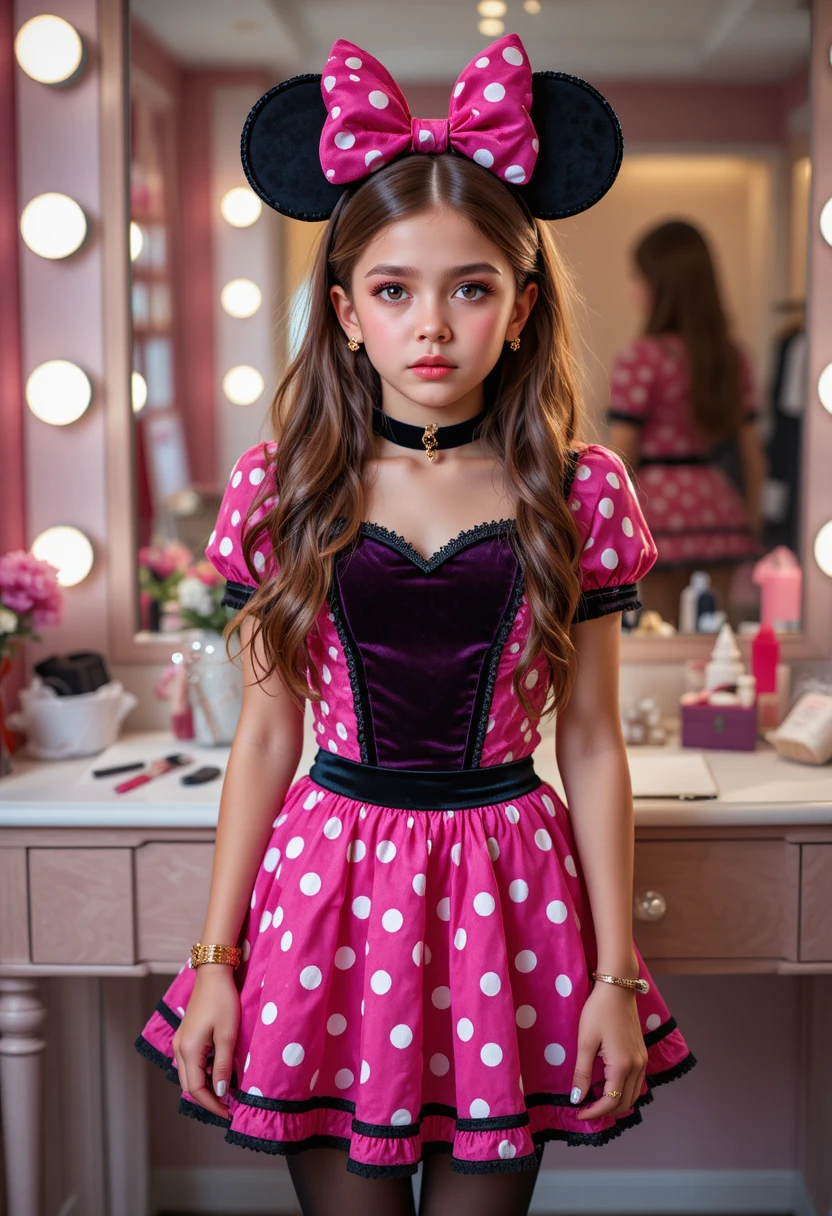 Chico preadolescente ansioso disfrazado de Minnie Mouse frente al tocador