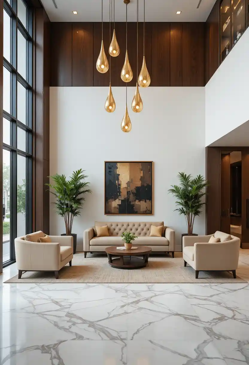 Warm lounge with tufted sofa and gold pendant lights