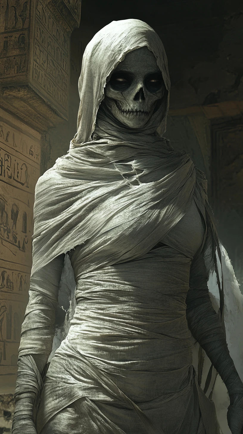 Bandaged undead woman in a dark ancient egyptian tomb