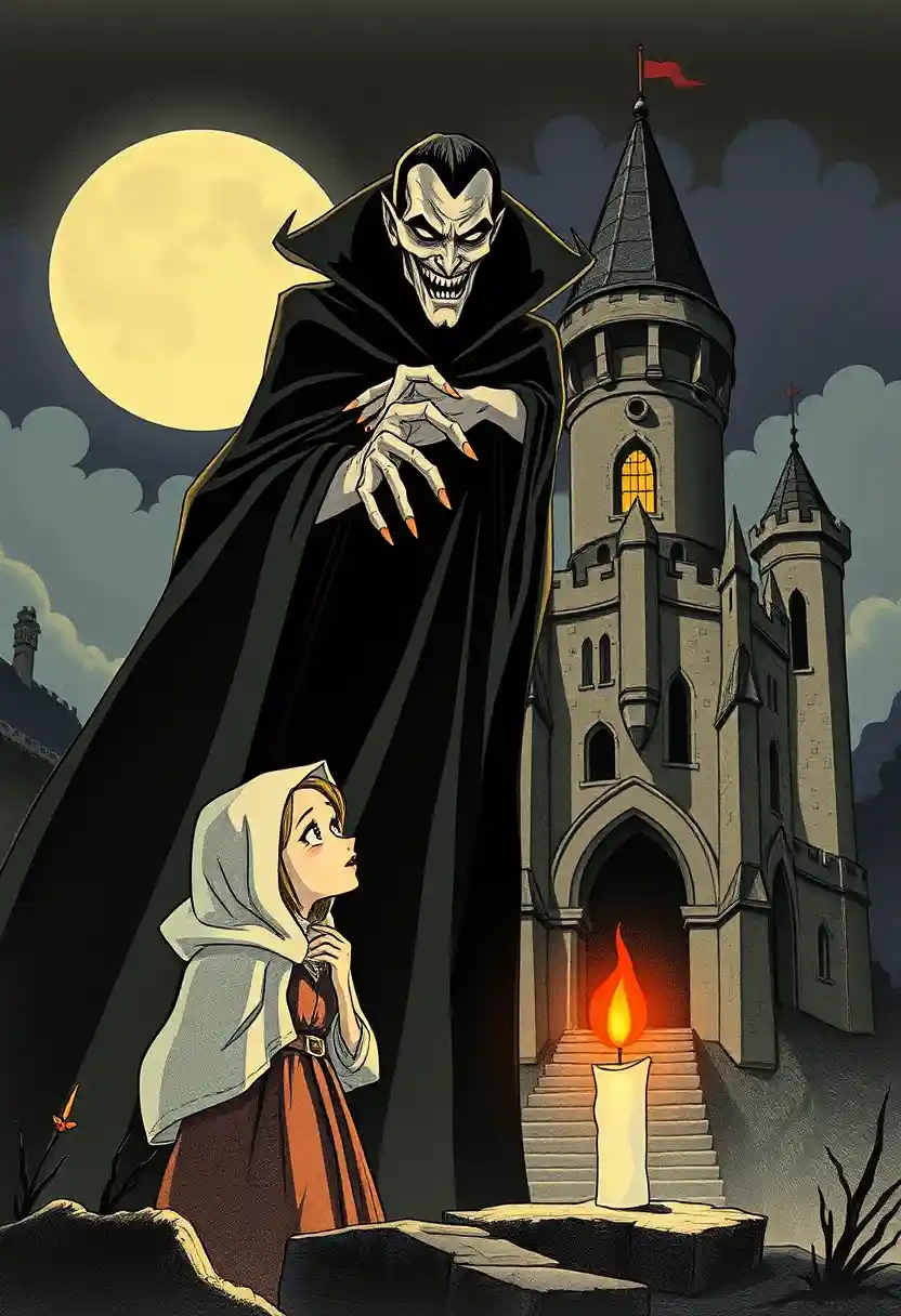 Gaunt vampire looming over peasant woman by candlelit castle