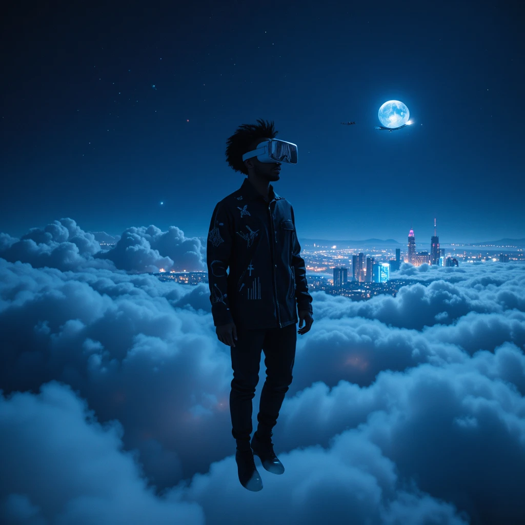 Uomo afrofuturista che fluttua sopra nuvole notturne luminose