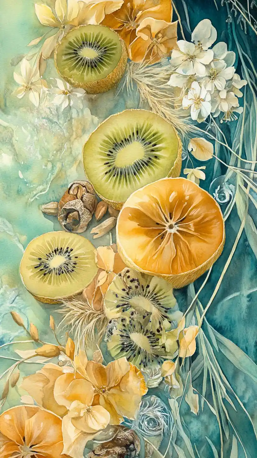 Nature morte à l’aquarelle avec fruits, fleurs et herbes