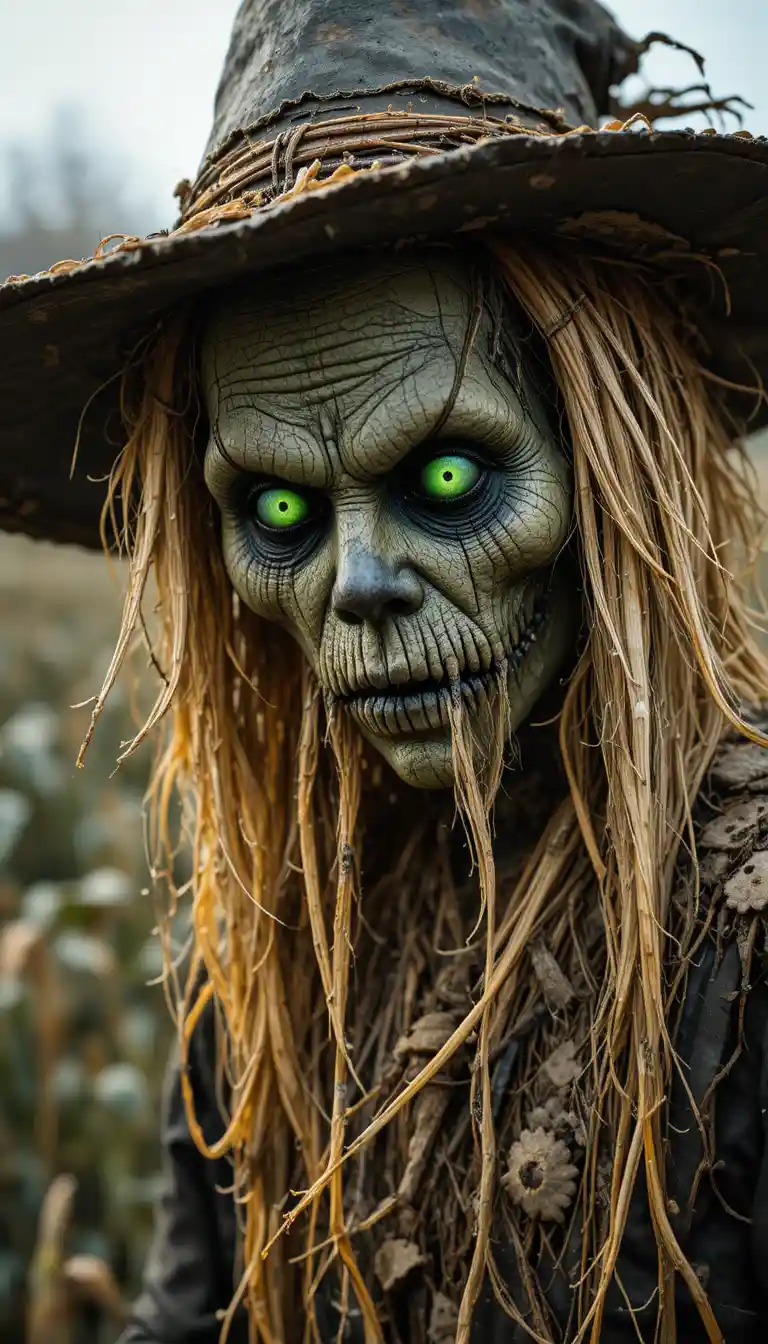 Creepy scarecrow close up hanging in a dark cornfield