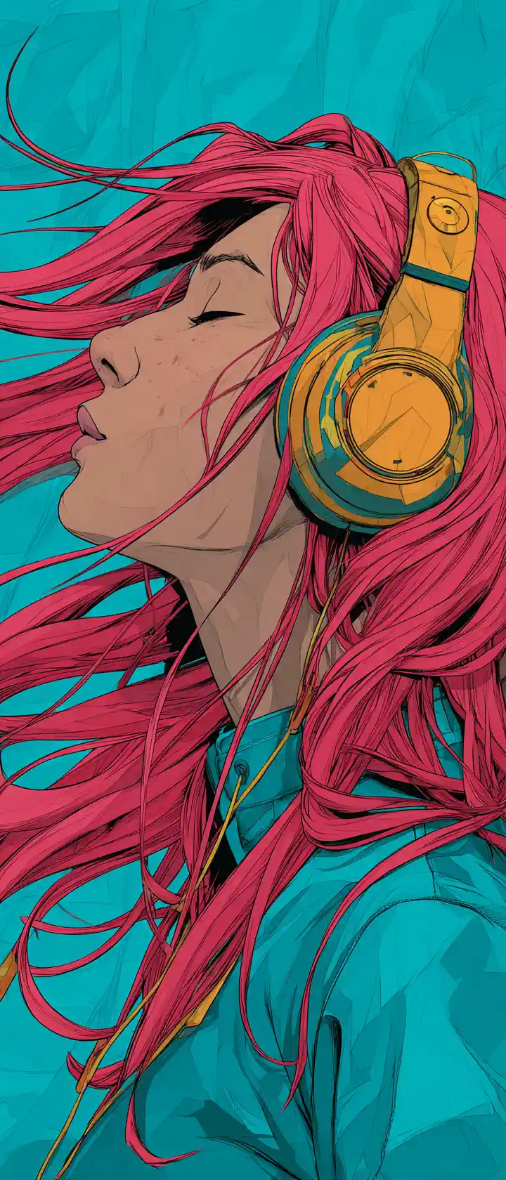 Girl with flowing pink hair in profile wearing headphones