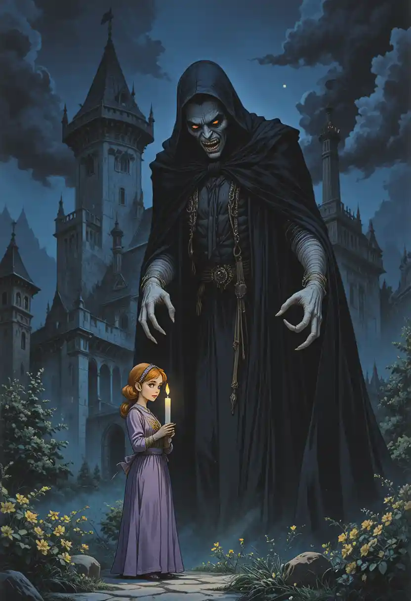 Gaunt vampire towering over woman with candle at castle
