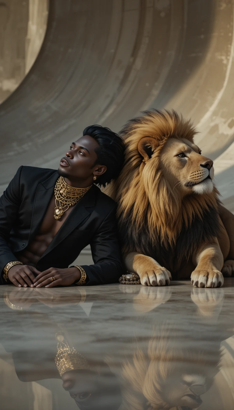 Afrofuturistischer Mann, der mit einem Löwen im filmischen Licht liegt