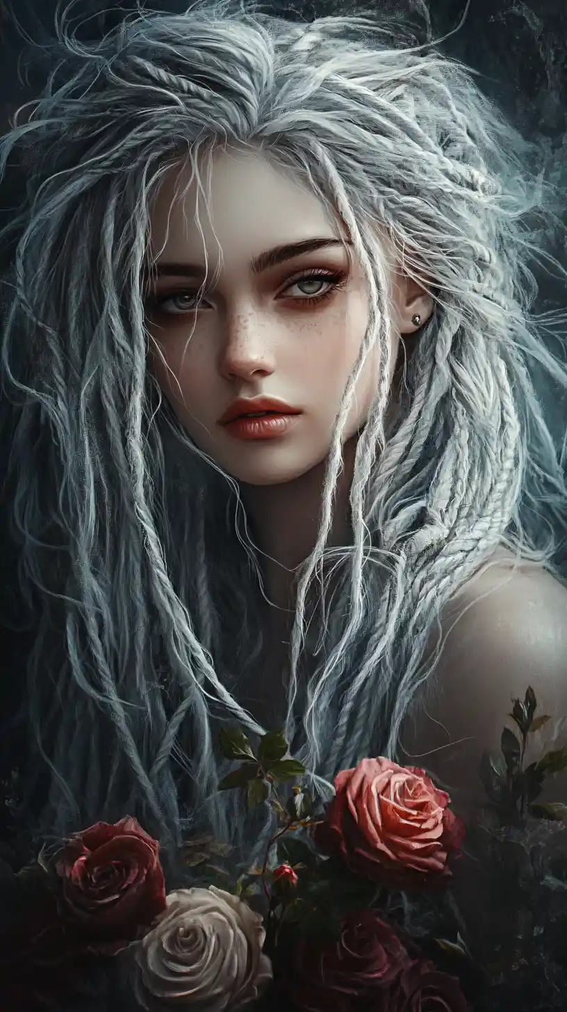 Melancholic woman with braided gray dreadlocks holding roses