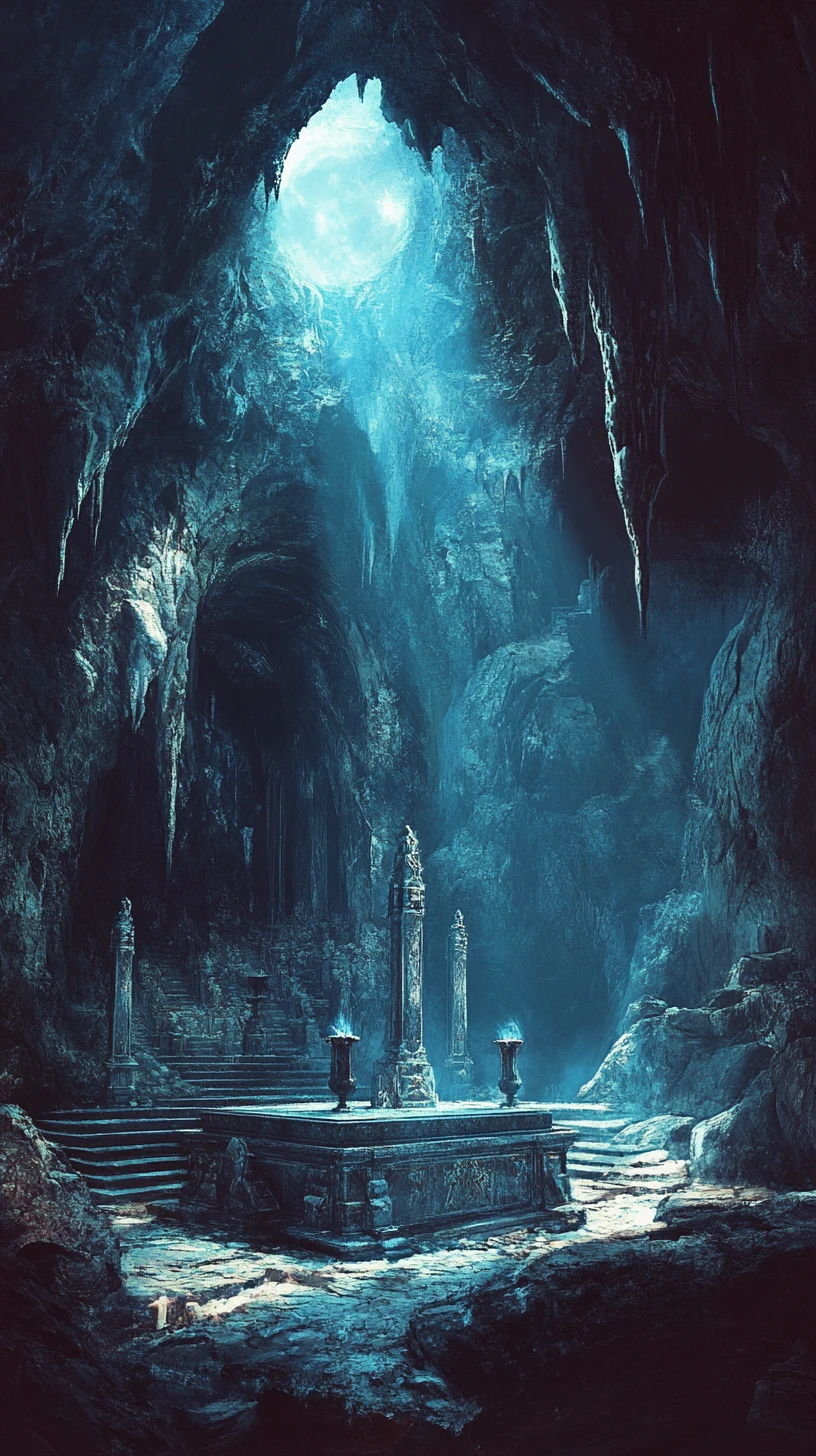Mystical moonlit altar deep within a shadowy cave