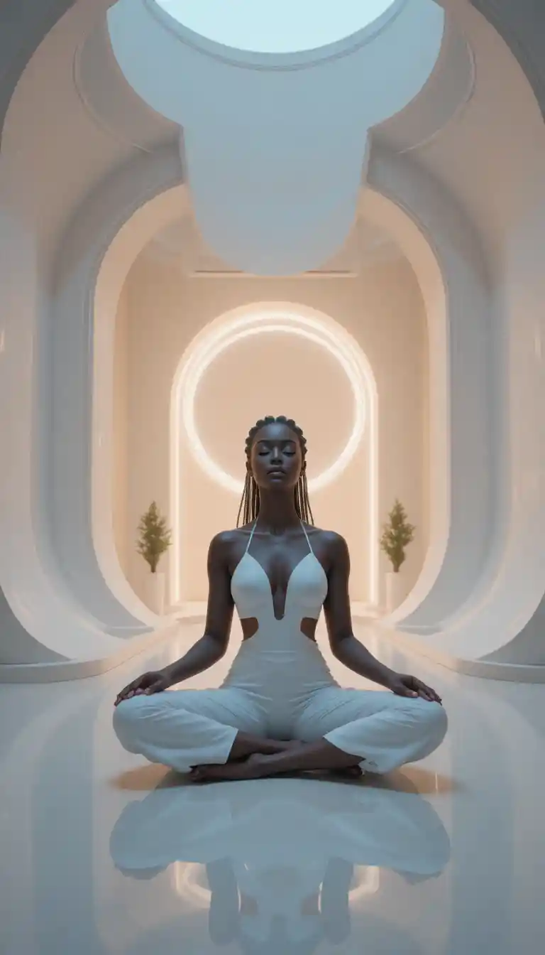 Femme afrofuturiste calme méditant dans un intérieur minimaliste