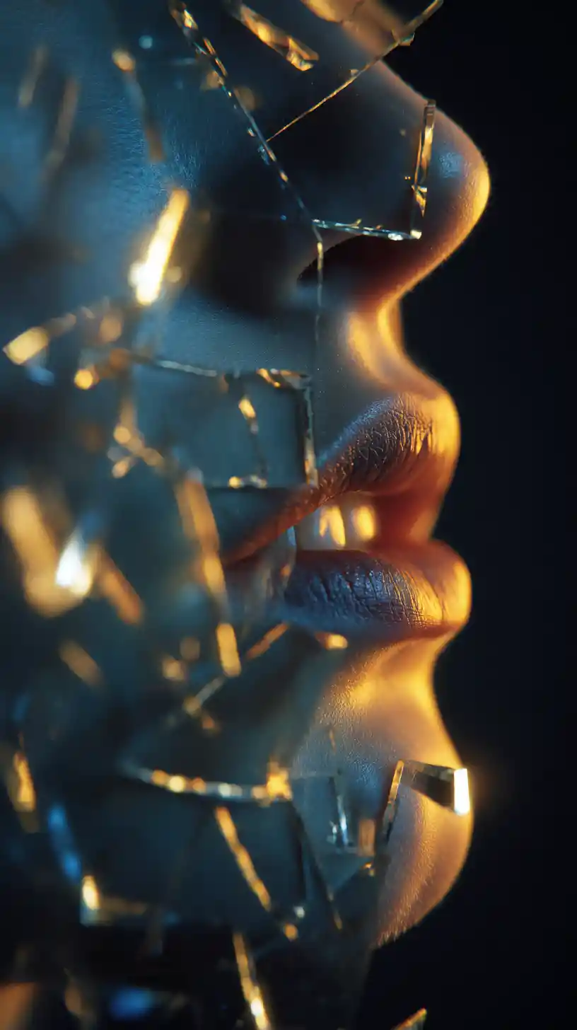 Shattering mirror fragments suspended before a tense face