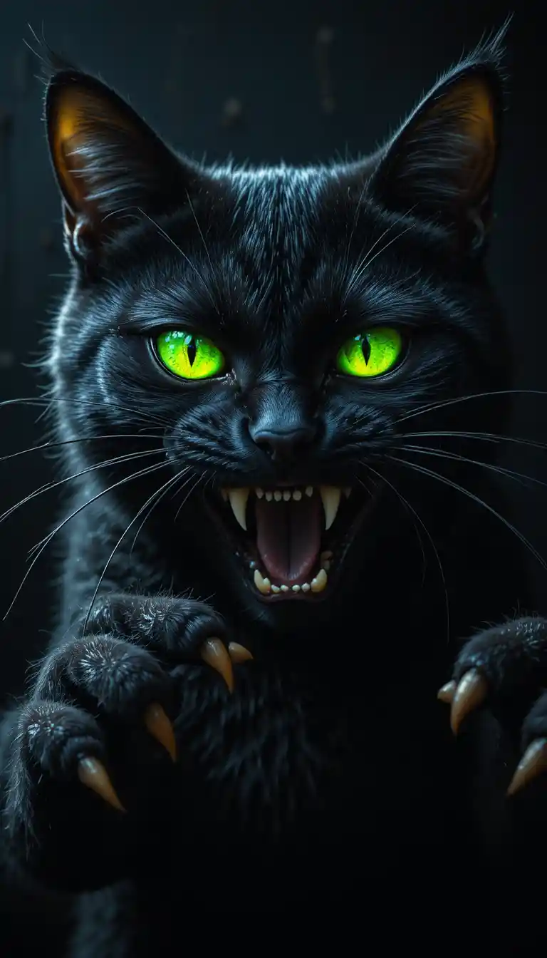 Menacing black cartoon cat with glowing lime green eyes