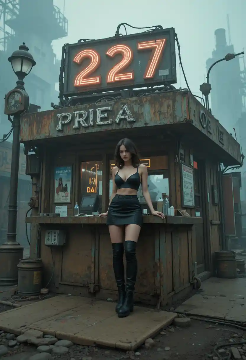 Woman in neon bar alleyway in foggy cyberpunk city