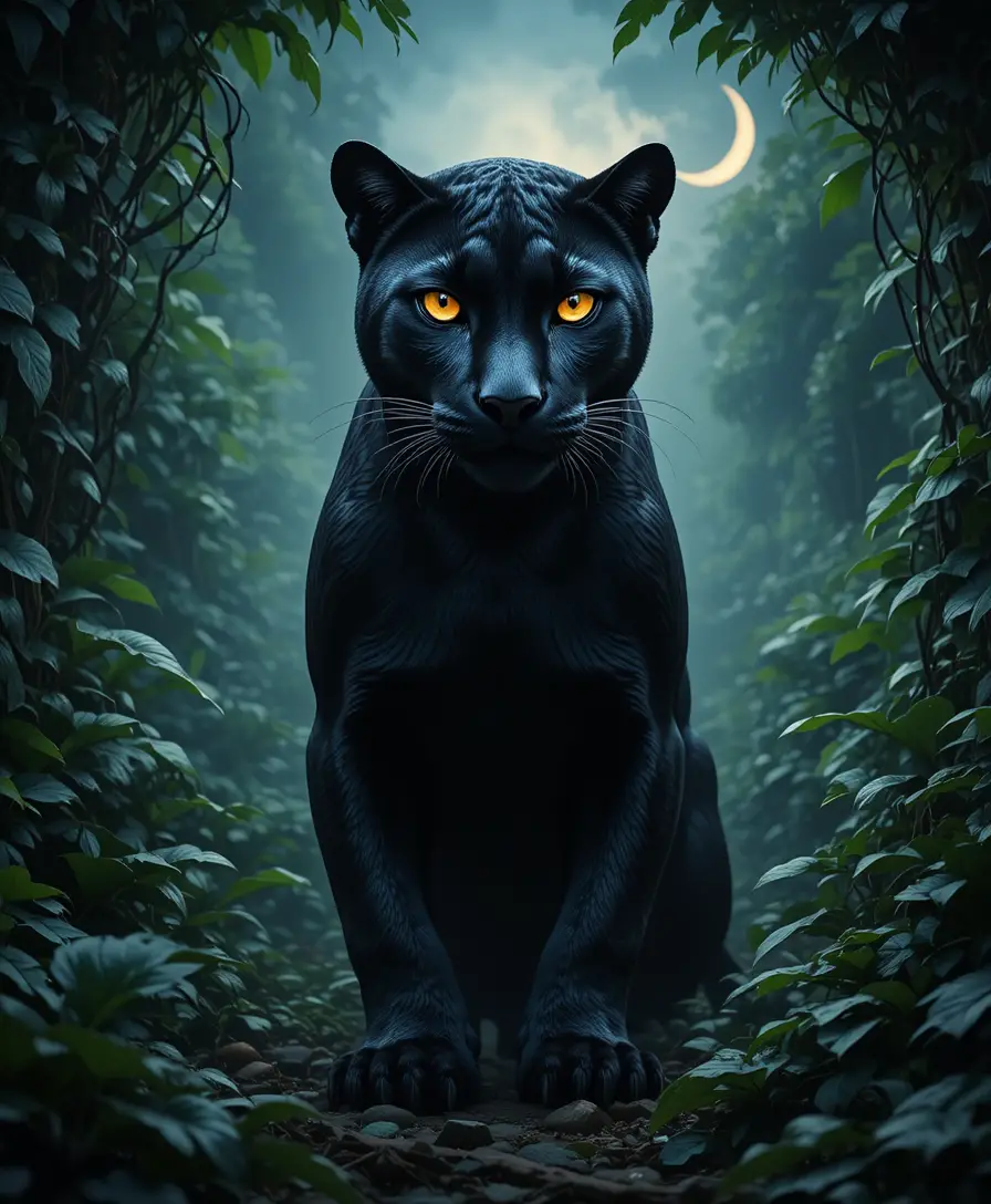 Black panther with glowing eyes in a moonlit jungle