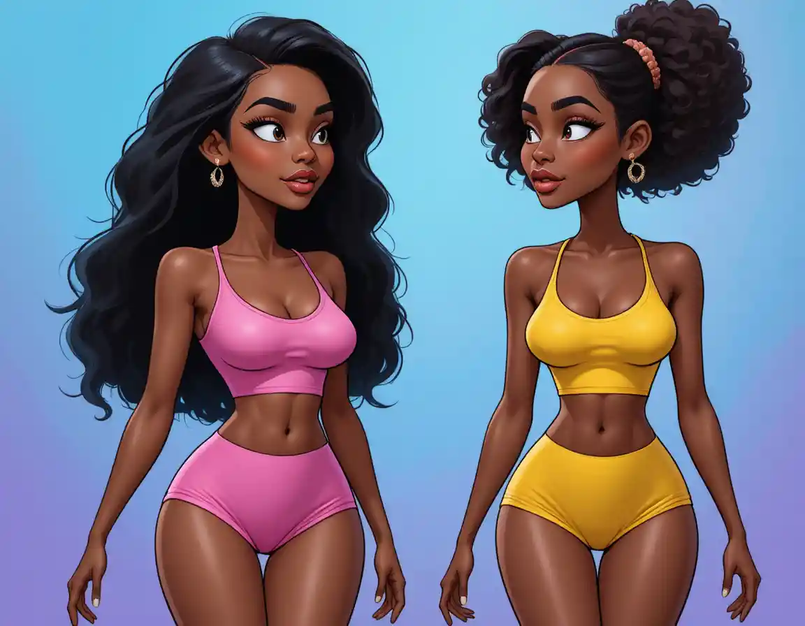 Duas jovens garotas negras caminhando diante de um degradê azul e roxo