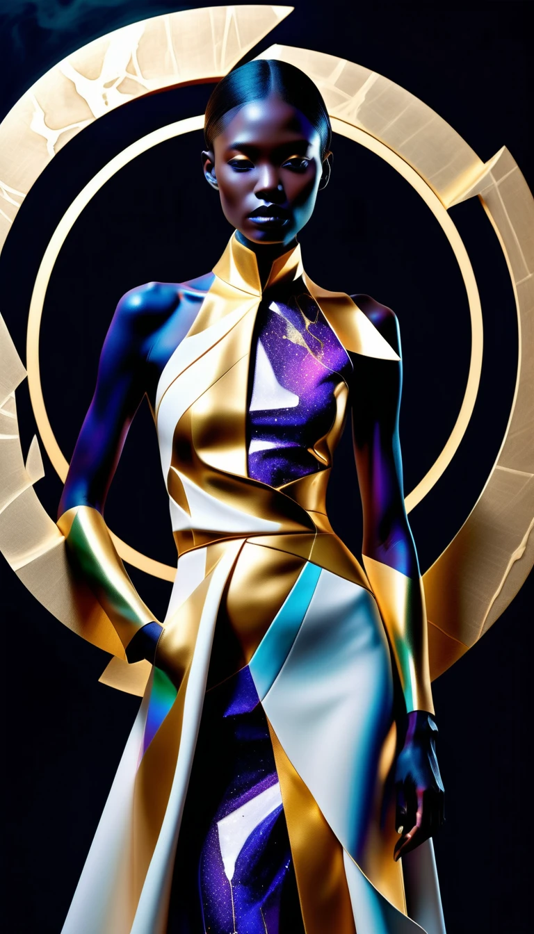 Fashion woman with glowing kintsugi seams and cosmic details