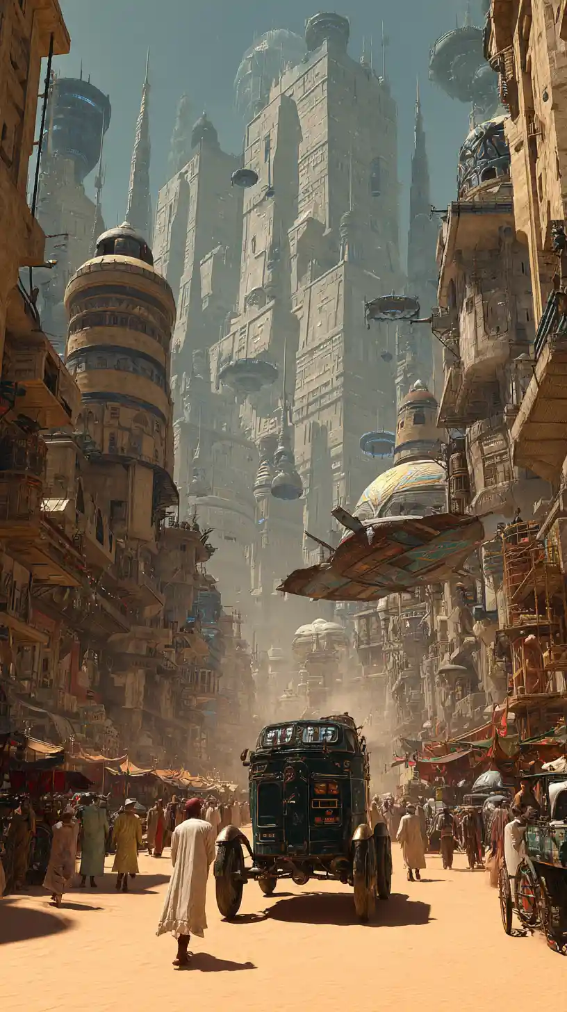 Bald man in plastic cloak in a futuristic desert city