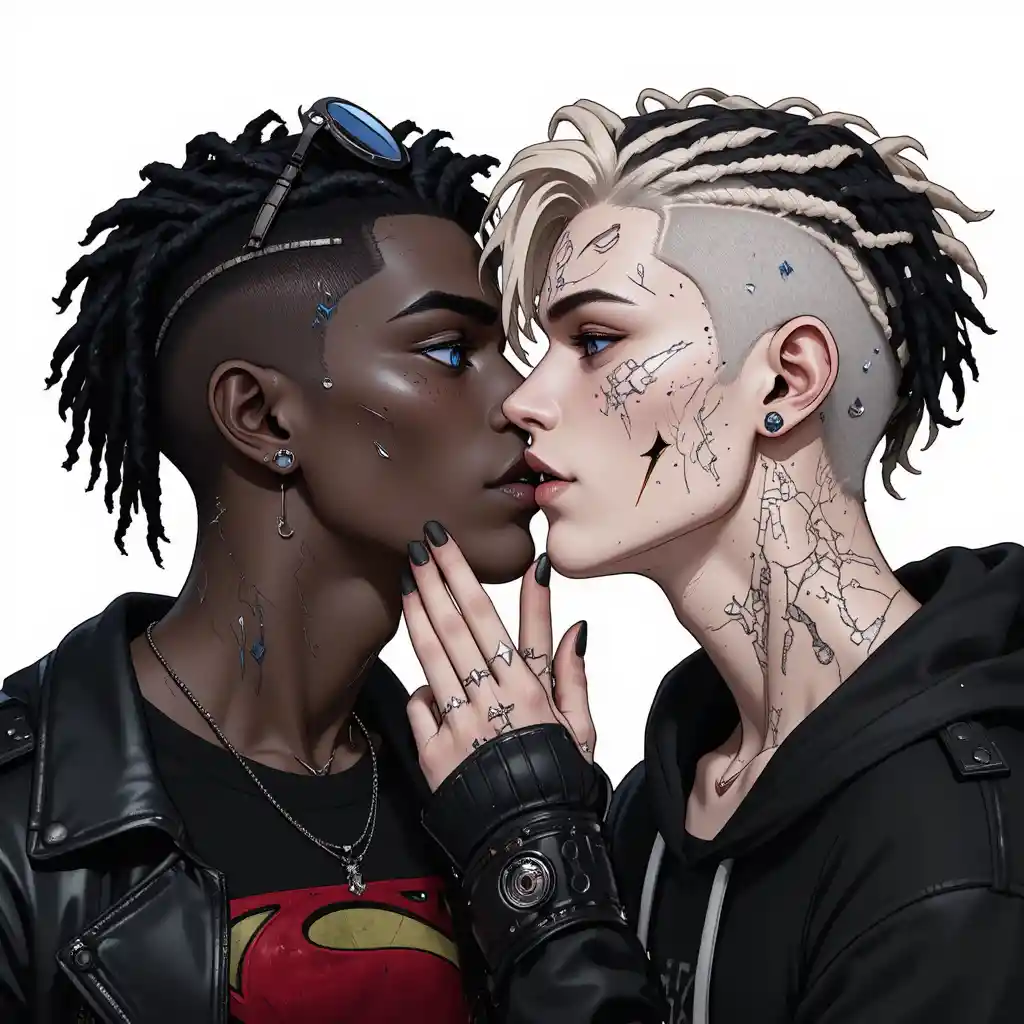 Interracial gay couple sharing a kiss in realistic style