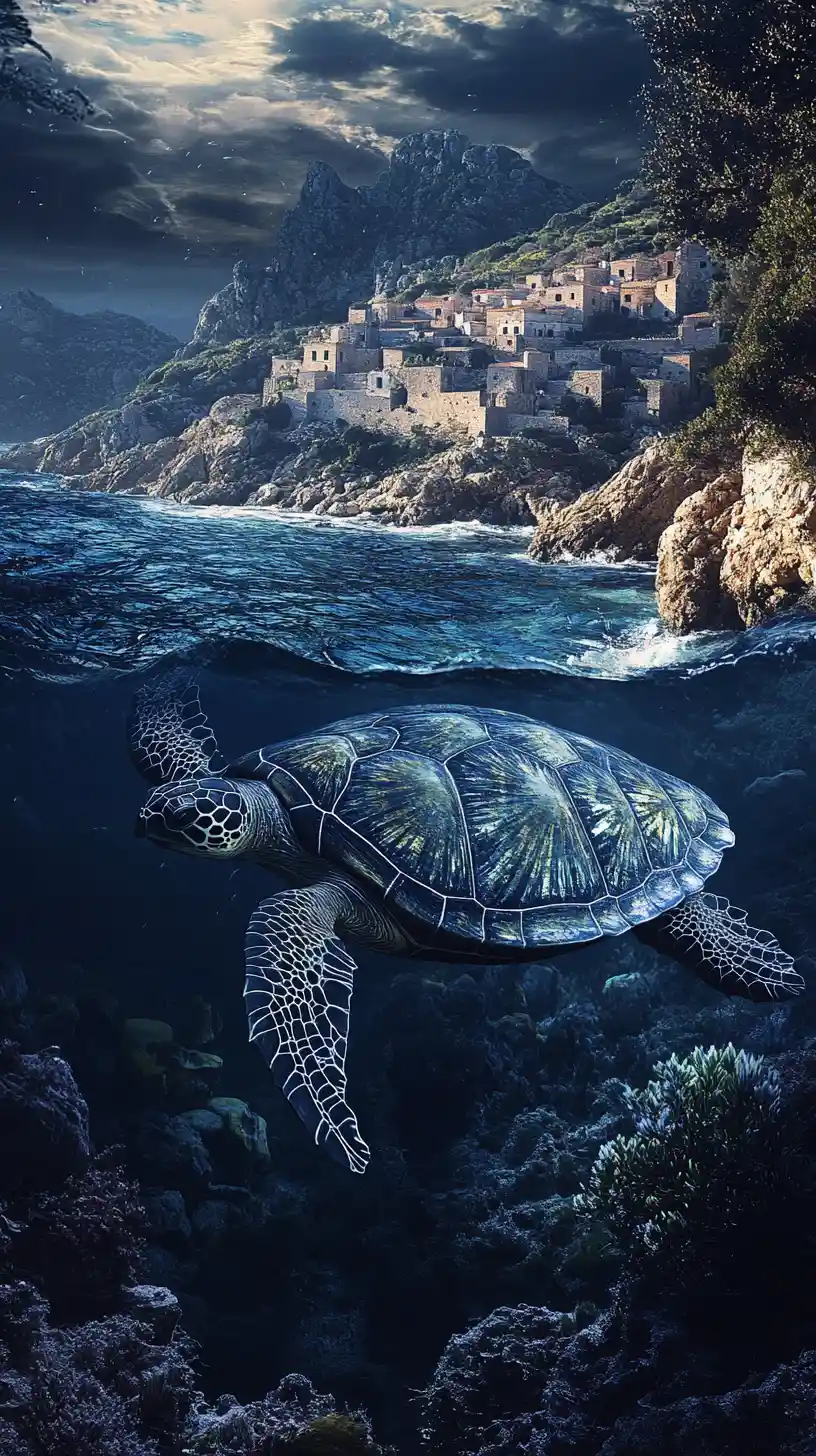 Tartaruga marina dark fantasy lungo la drammatica costa corsa