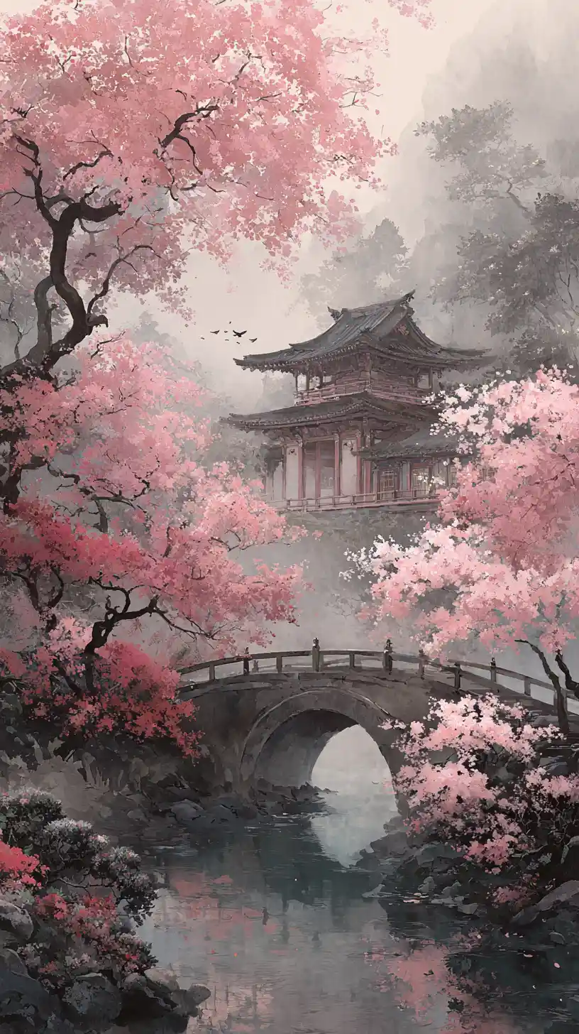 Antiker japanischer Tempel zwischen Kirschblüten und Nebel
