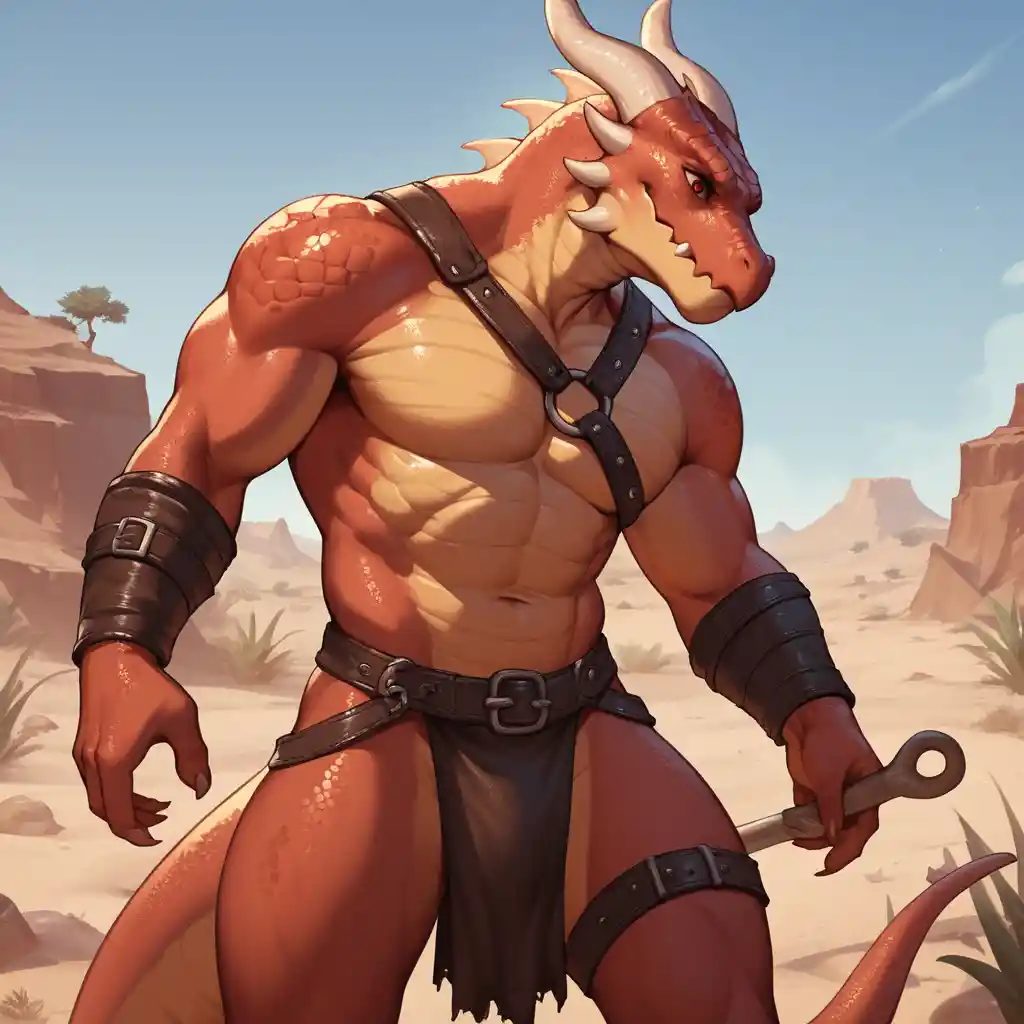 Dragonborn barbarian with bone club in a barren desert