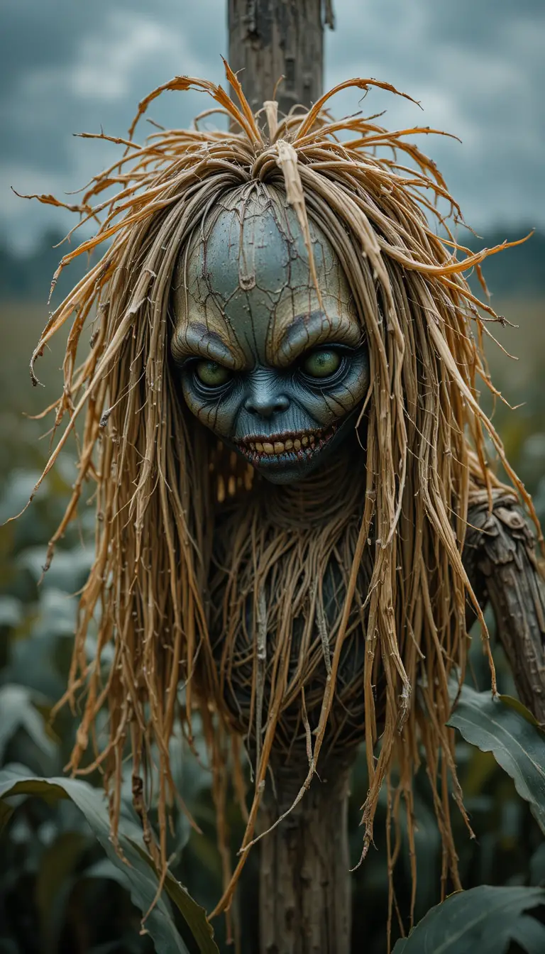Creepy Scarecrow Close Up In A Dark Cornfield