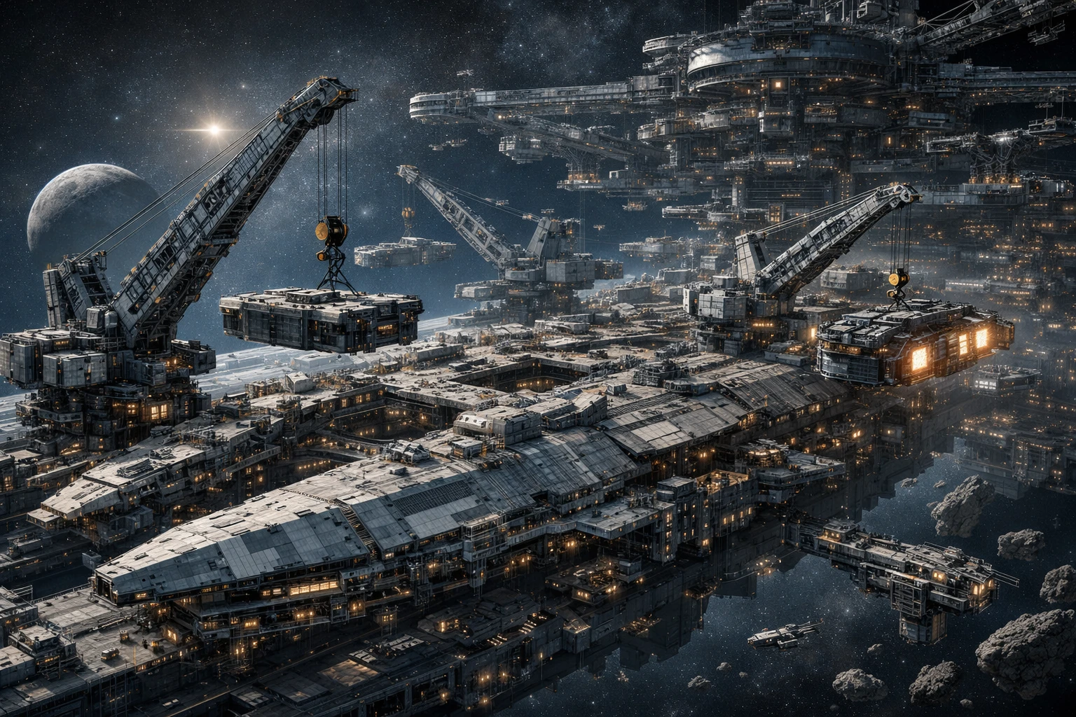 Gigantic space factory constructing a colossal starship in orbit