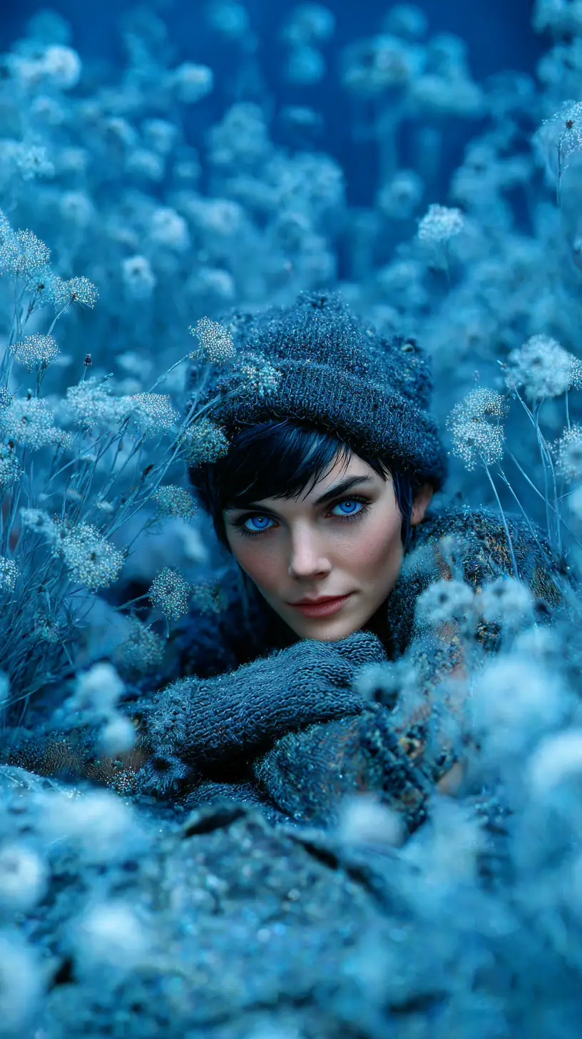 Femme se reposant sur une couverture dans un champ de marguerites gelé