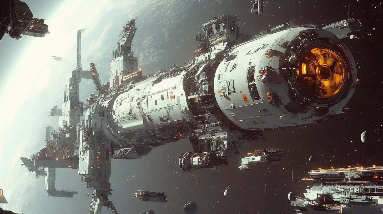 Gigantic spaceship construction factory in deep space with cranes