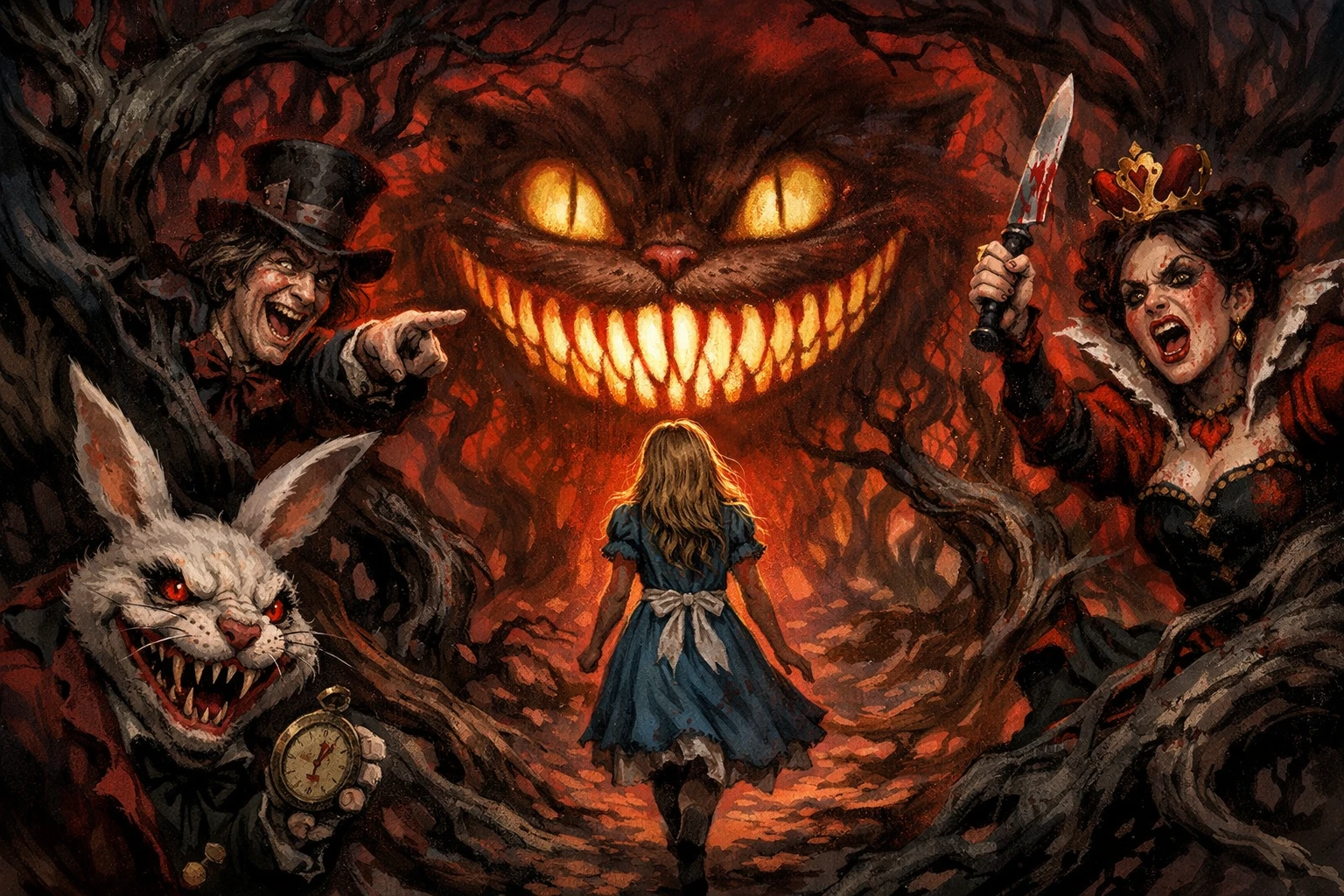 Alice geht durch einen verdrehten dunklen Fantasywald