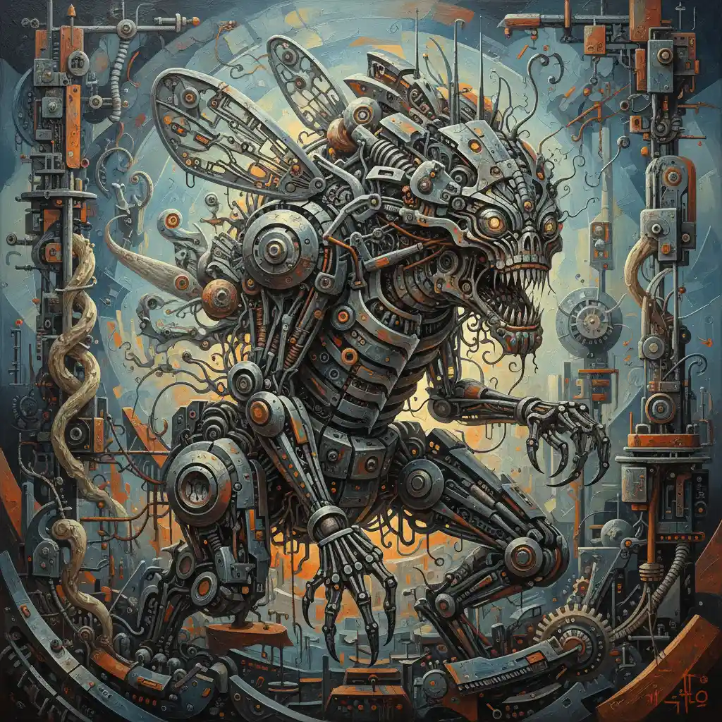 Creatura biomeccanica surreale in un dipinto cubista fantastico