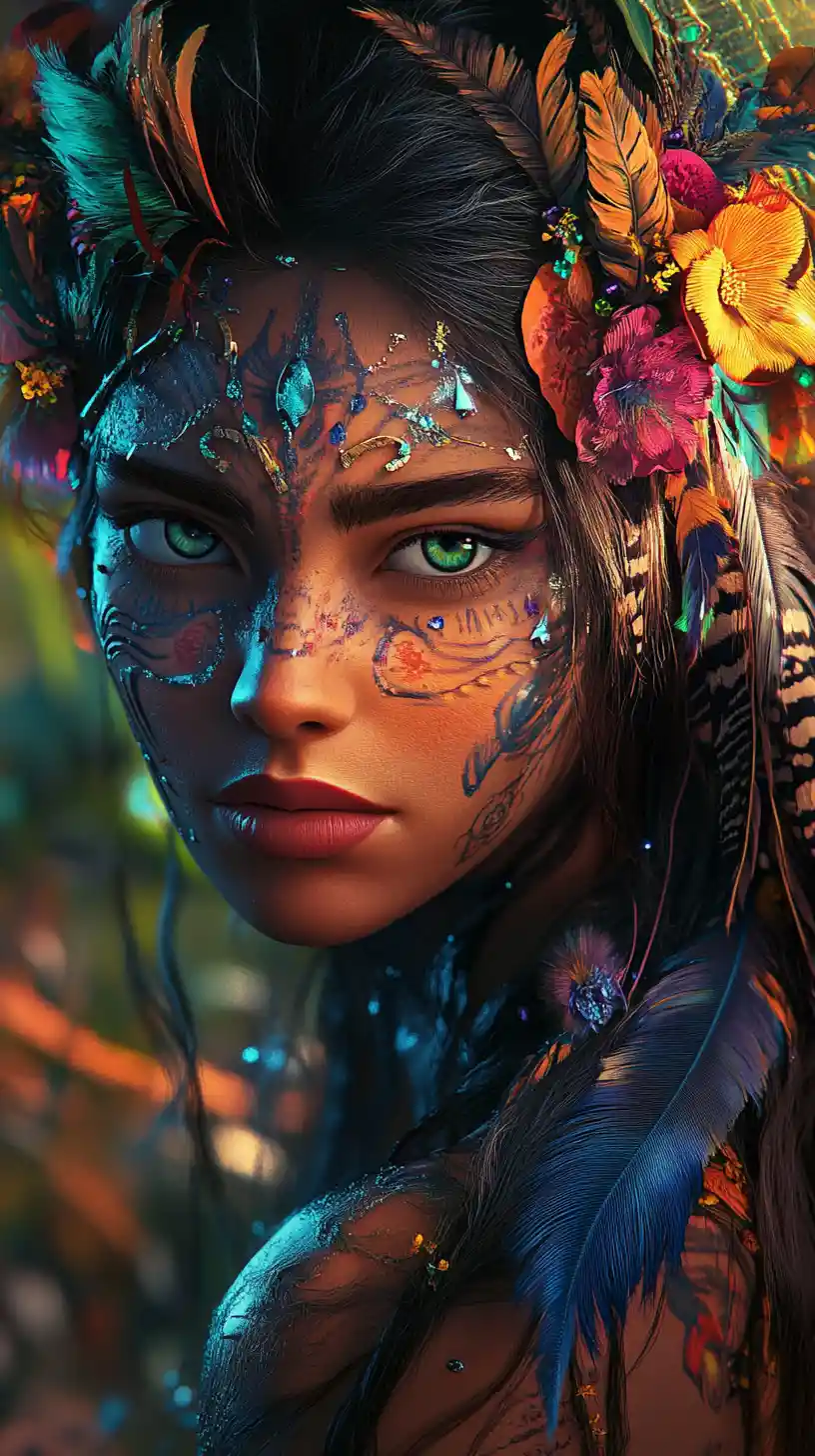 Tribal painted woman with flowers in her flowing hair