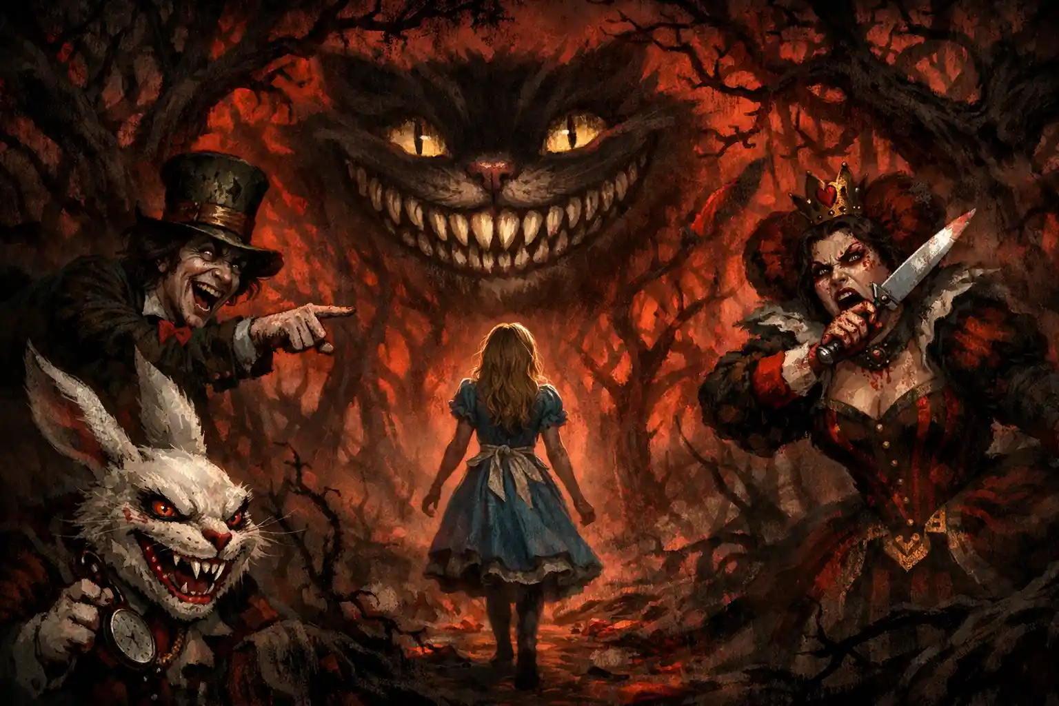 Alice walking alone through a dark twisting forest