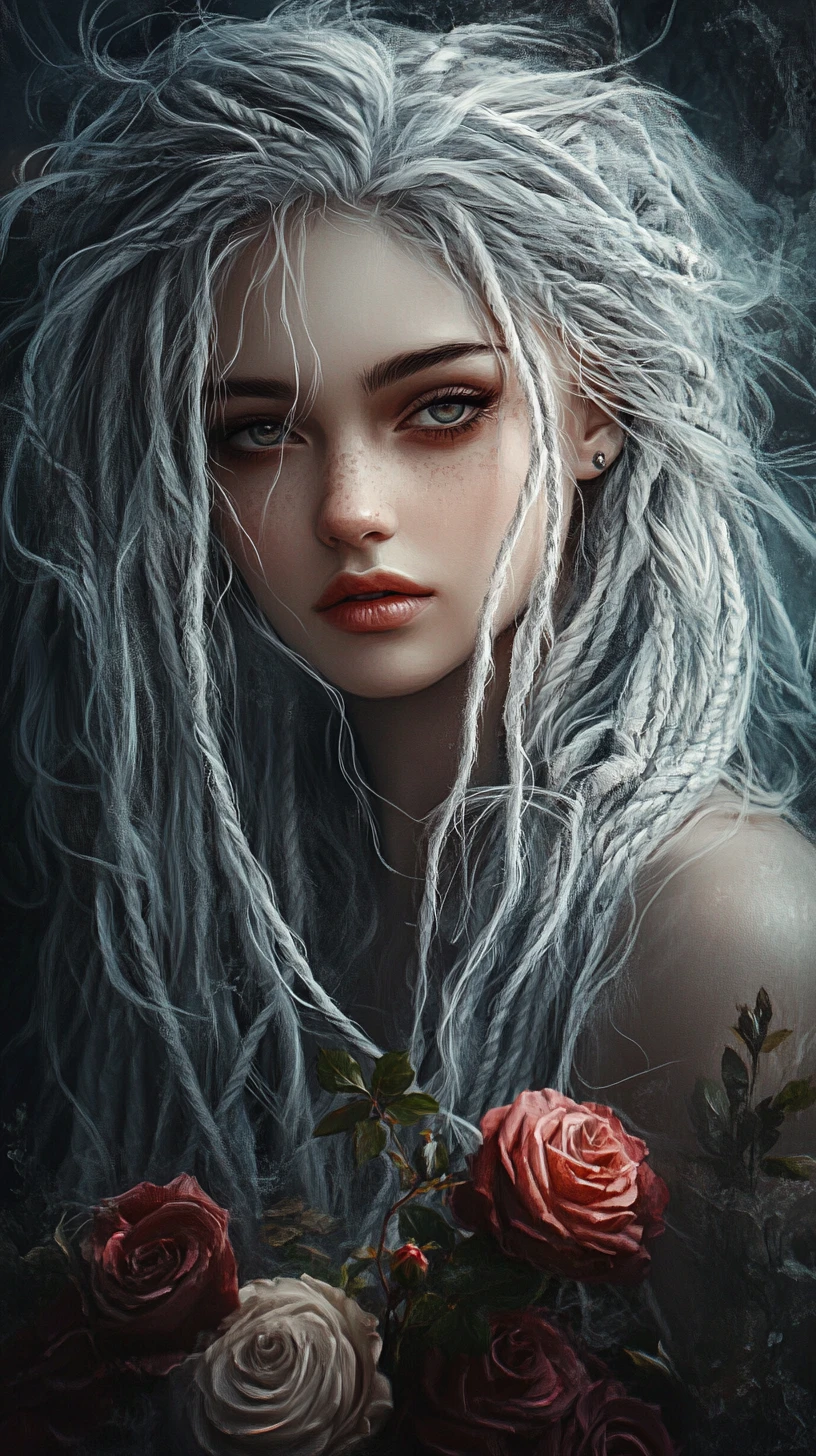 Melancholic woman with braided gray dreadlocks holding roses