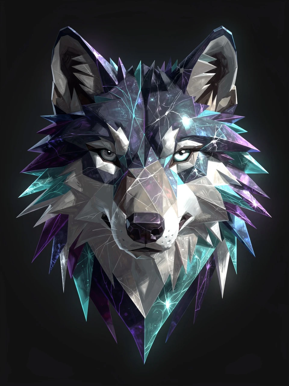 Abstract geometric wolf portrait with luminous crystal planes