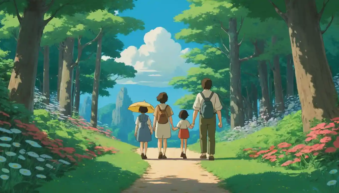 Family walking in a wildflower forest in flat illustration